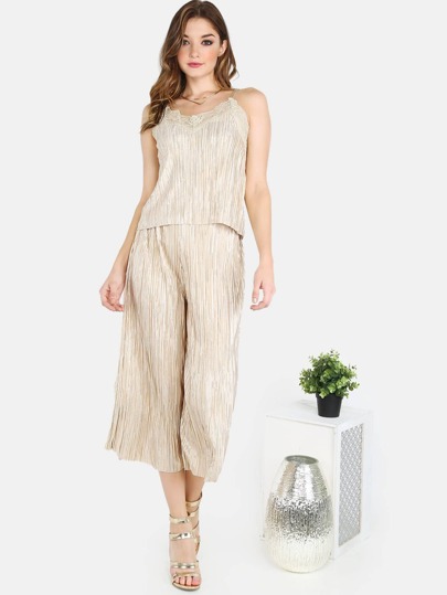 Pleated Lace Cami and Pleated Culottes Set CREAM