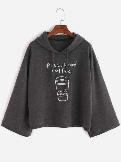 Drop Shoulder Kimono Sleeve Graphic Print Hoodie