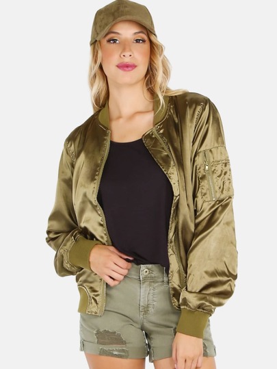 Satin Ruched Bomber Jacket OLIVE