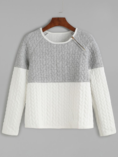 Two Tone Zipper Detail Embossed Raglan Sleeve Sweatshirt