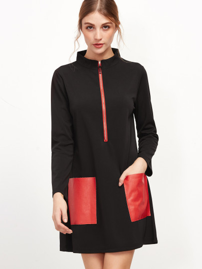 Vestido cuello alzado con cremallera y bolsillo - negro