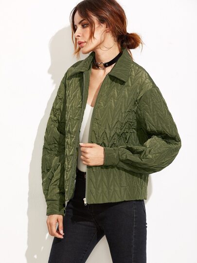 Olive Green Chevron Quilted Padded Jacket