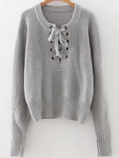 Maglione Rifilato Con Occhiello Lacci A Costine - Grigio