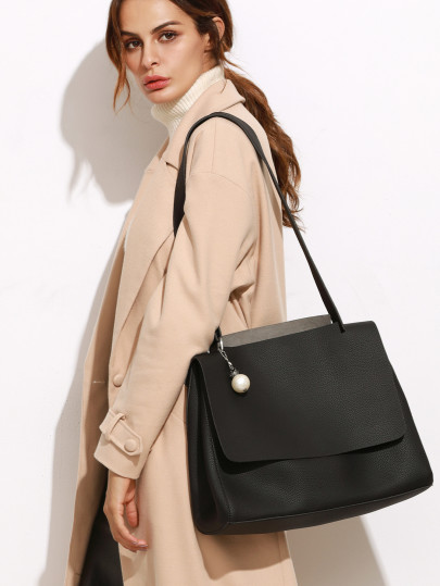 Bolso de hombro pu con perla con solapa - negro