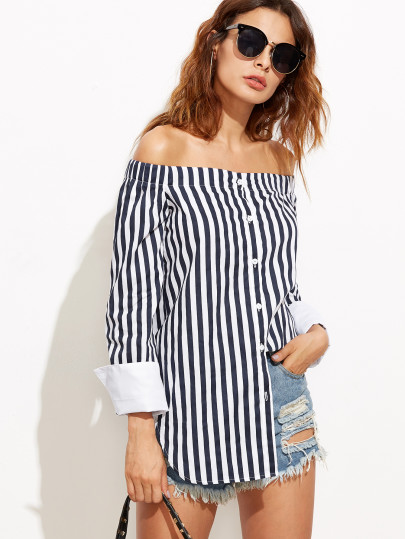 Bardot Vertical Striped Cuffed Curved Hem Top