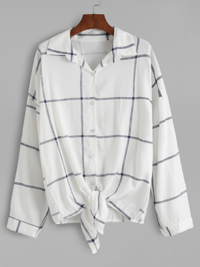 Grid Buttons Front Knot Blouse