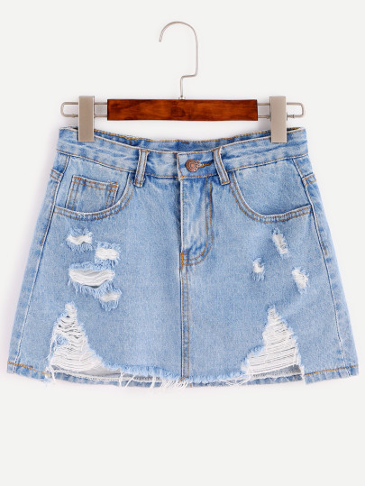 Bleach Wash Distressed Raw Hem Denim Skirt