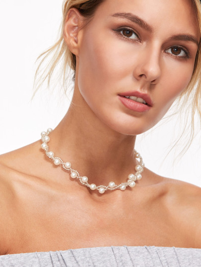 Collier ras-de-cou avec perle - blanc