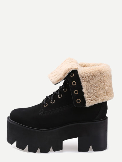 Botines de ante sintético con plataforma y forro de borreguito - negro