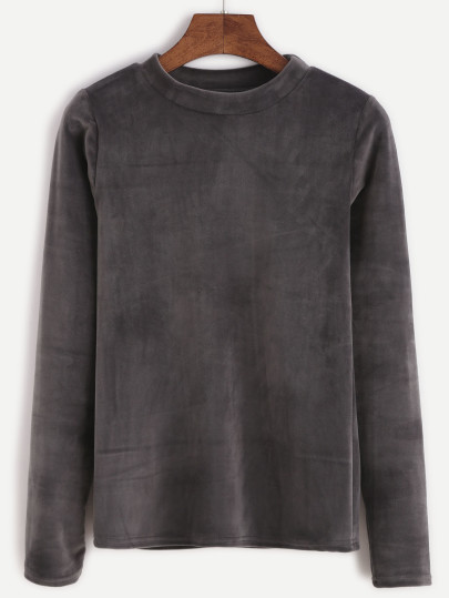 Dark Grey Mock Neck Velvet T-shirt