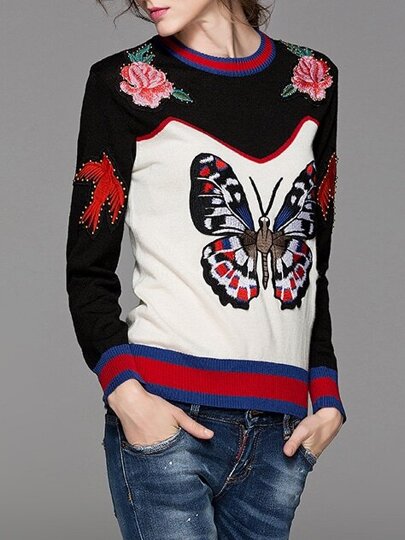 Pull couleur bloc avec broderie papillon - noir