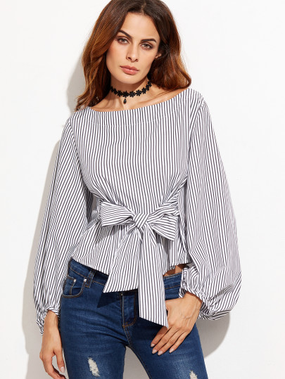Blouse à rayure avec nœud papillon - noir et blanc