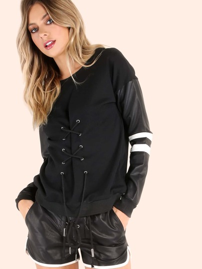 Felpa Maniche Varsity Di Ecopelle Lacci - Nero