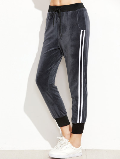 Pantalones de velvet ribete de canalé a rayas laterales - gris oscuro