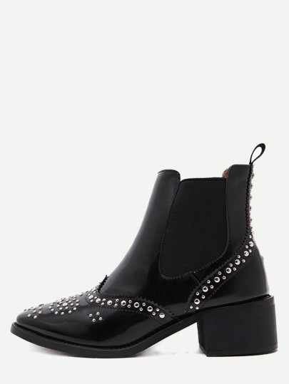 Black Patent Leather Square Toe Wingtip Studded Boots