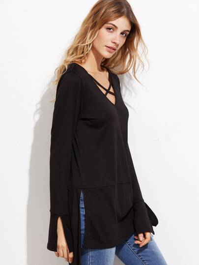 Black Crisscross V Neck High Low T-shirt