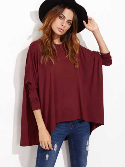 T-shirt col bateau manche chauve-souris lâche - bordeaux