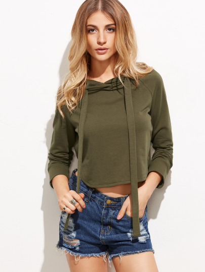 Olive Green Curved Hem Crop Hoodie