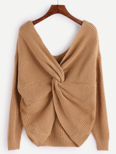 Maglione Scollo V Con Nodo - Khaki