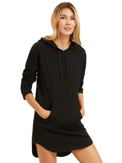Curved Hem Hoodie Dress With Kangaroo Pocket