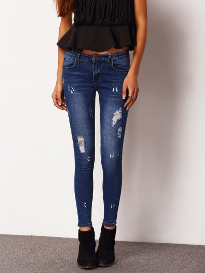 Pantalon en denim effet déchiré -bleu