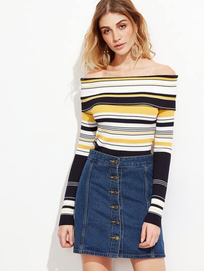 Multi Stripe Off The Shoulder Foldover Sweater