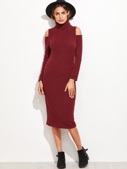 Vestito Maglione Dolcevita Spalle Tagliate - Borgogna