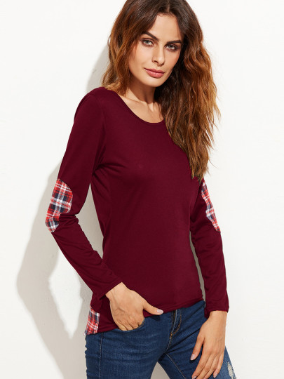 Burgundy Contrast Plaid Hem High Low T-Shirt