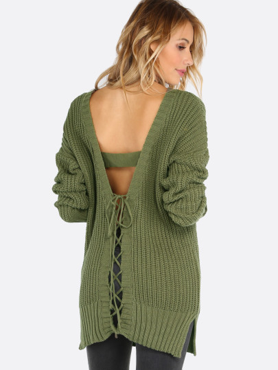 Maglione Con Lacci Indietro - Verde D'Oliva