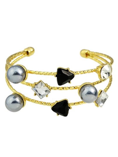 Imitation Pearl Rhinestone Wide Cuff Bracelet