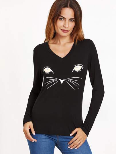 Camiseta con estampado de gato - negro