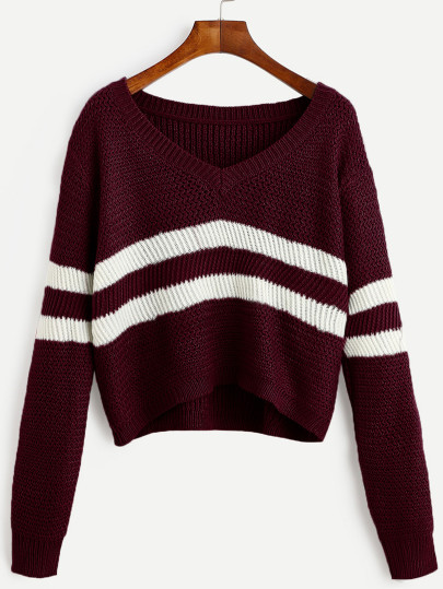 Jersey de rayas escote V crop - borgoña