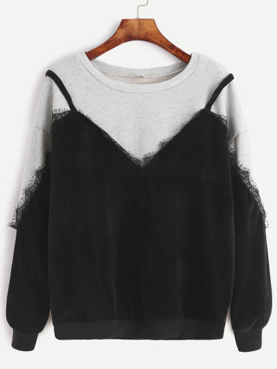 Lace Trim 2 In 1 Dropped Shoulders Sweatshirt
