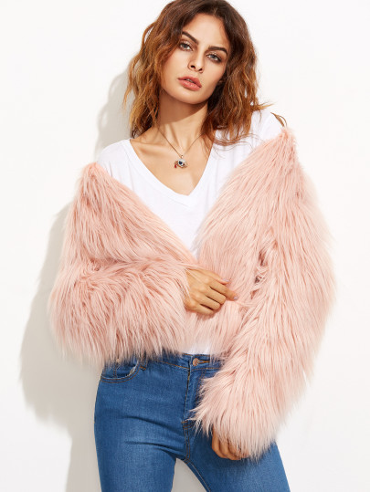 Veste en fausse fourrure sans col - rose