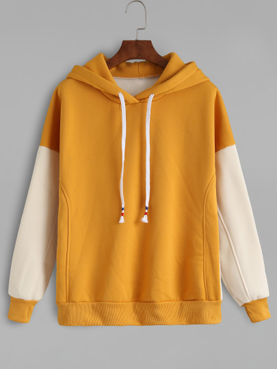 Contrast Sleeve Drawstring Hooded Sweatshirt