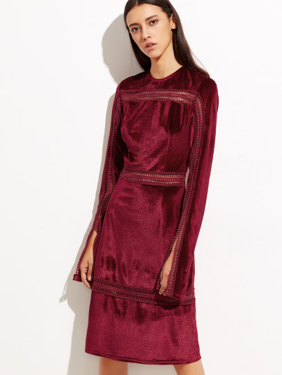 Burgundy Eyelet Crochet Insert Slit Cuff Velvet Dress
