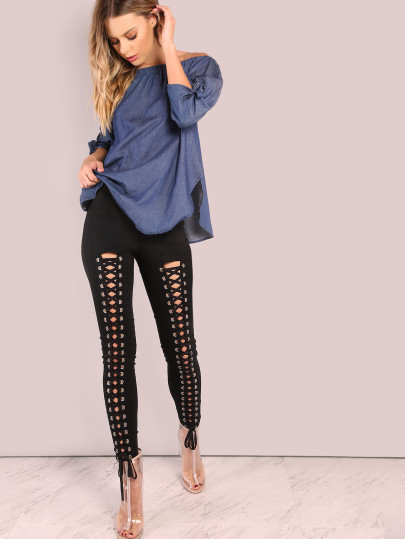 Pantalones ajustados con cordón - negro