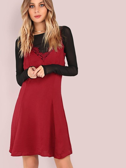 Lace Hem Cami Fit & Flare Dress BURGUNDY