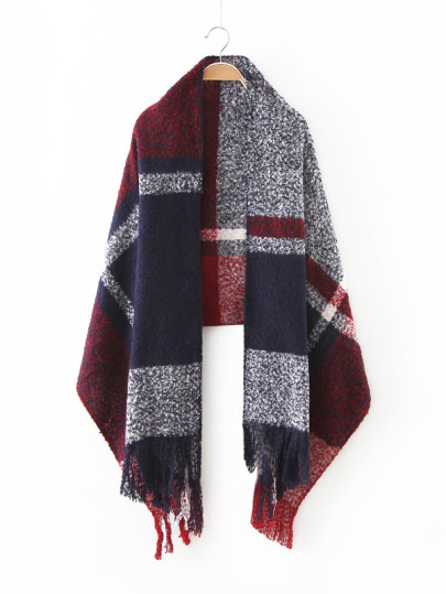 Navy Tone Plaid Long Fringe Shawl Scarf