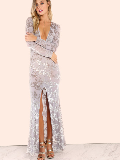 Vestido de malla con escote V profundo y abertura - gris