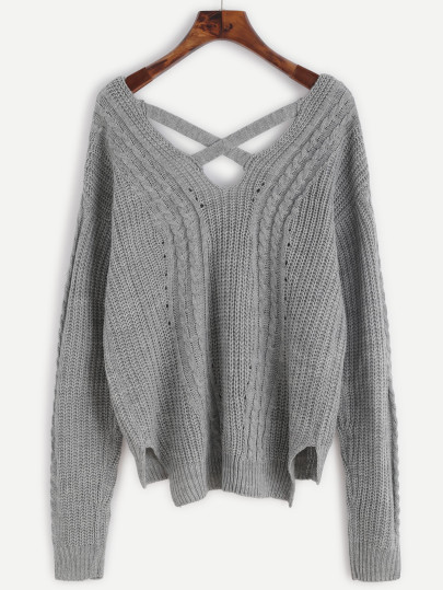 Pullover mit Zopfmuster Kreuz zurück -grau