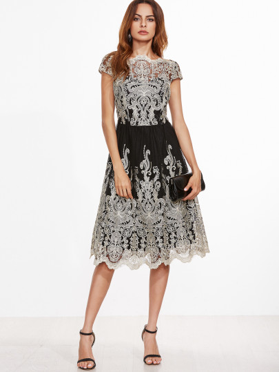 Contrast Fit And Flare Embroidered Mesh Dress