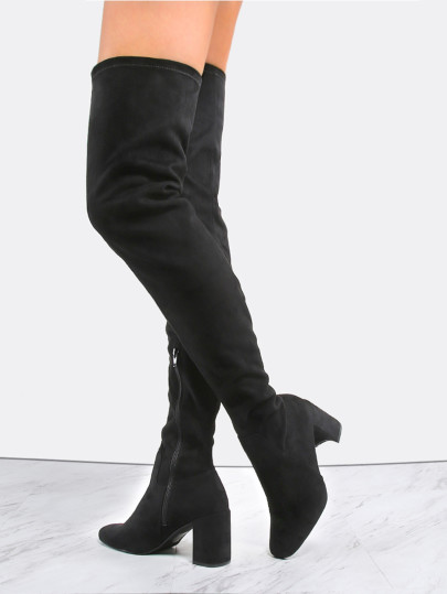 Suede Block Heel Thigh Boots BLACK