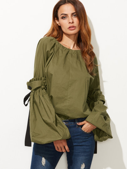 Contrast Drawstring Detail Lantern Sleeve Blouse