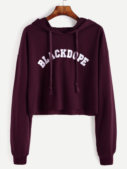 Letter Print Drop Shoulder Raw Hem Crop Hoodie