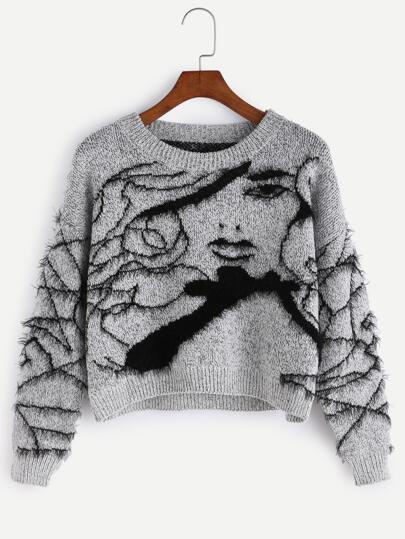 Grey Avatar Pattern Fuzzy Sweater