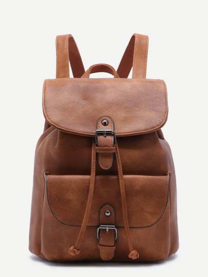 Khaki PU Buckle Strap Drawstring Flap Backpack