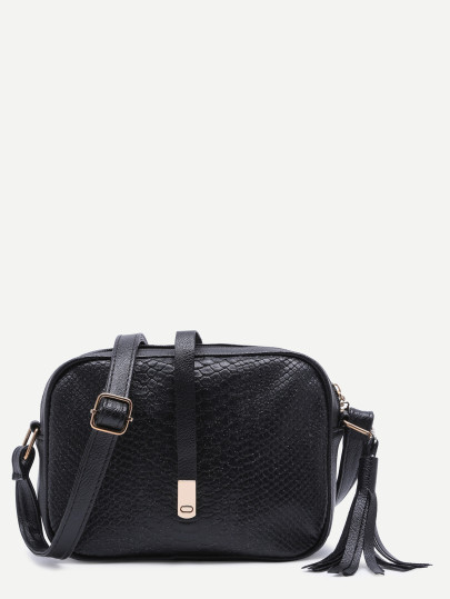 Bolso bandolera de cuero en relieve de serpiente con flecos - negro
