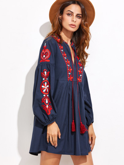 Embroidered Tassel Detail Smock Dress