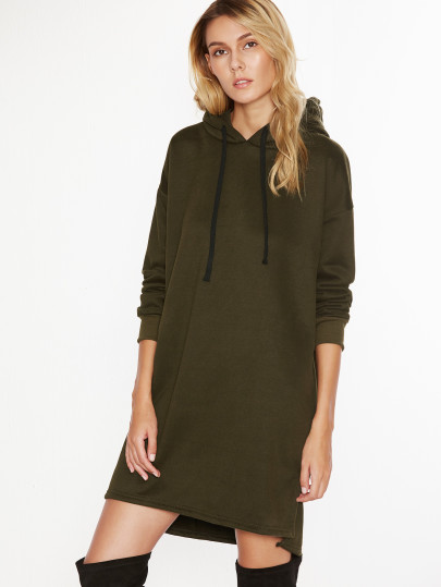 Hooded Drawstring Split Side Sweatshirt Dress